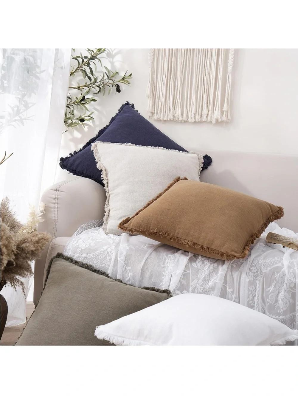 Decorative Linen Fringe Throw Pillow Covers 20×20 Khaki Brown